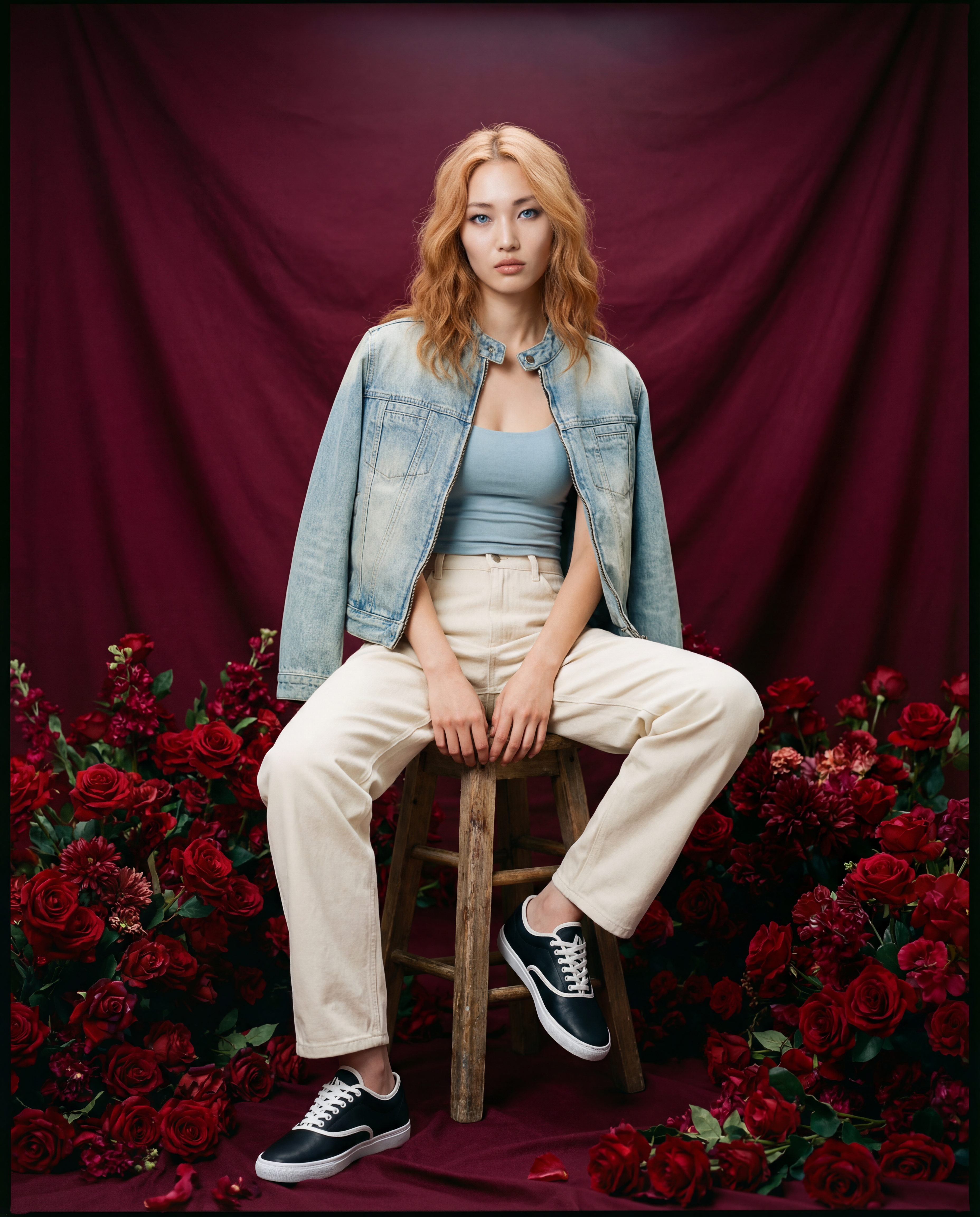 Female model sitting on a stool with red roses around, wearing a denim jacket, yoga top, curved blade pants, and s-tier_wh1te sneakers in the rose studio.