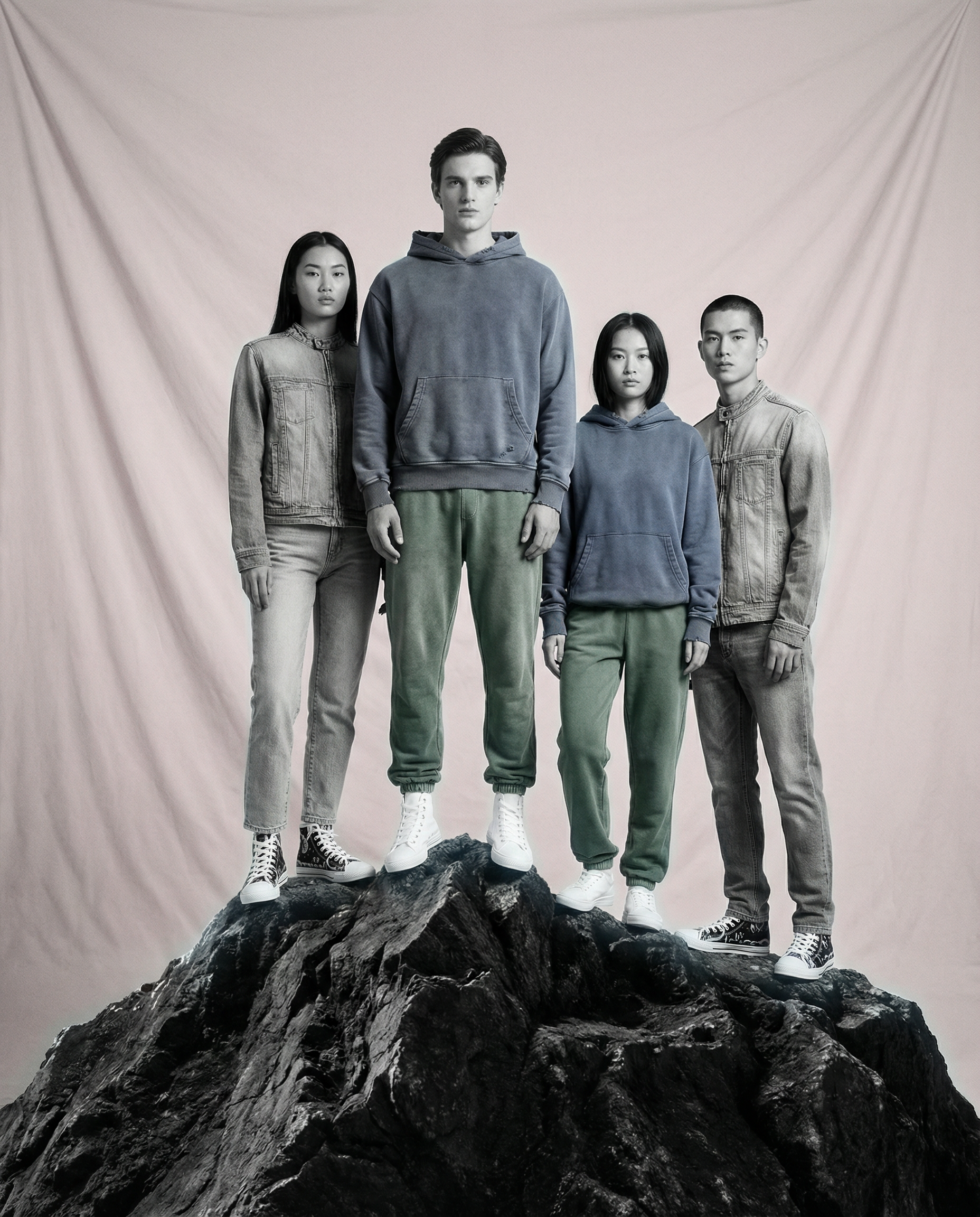 Four people standing on a rocky outcrop with a plain background