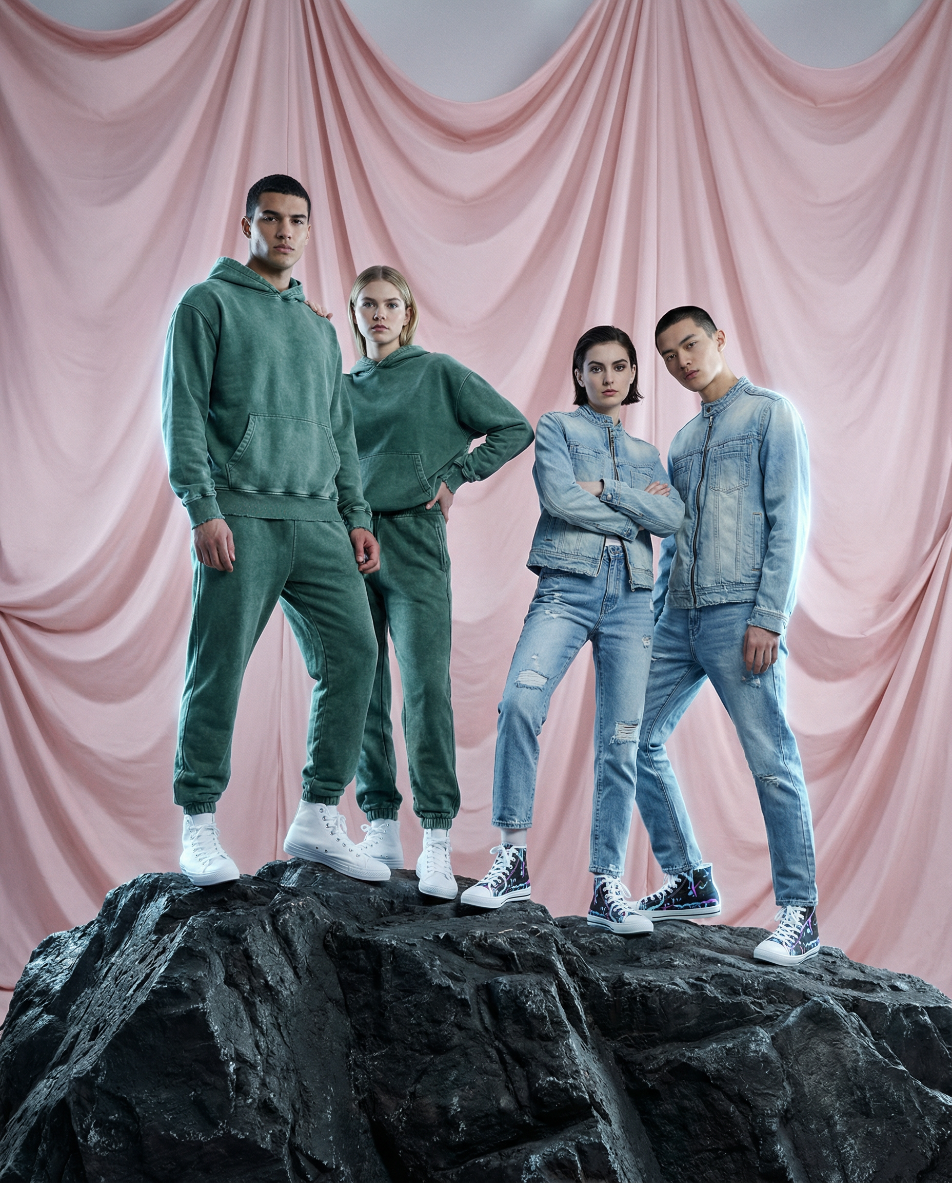 Four people in green and denim outfits standing on a rock with pink draped fabric in the background.