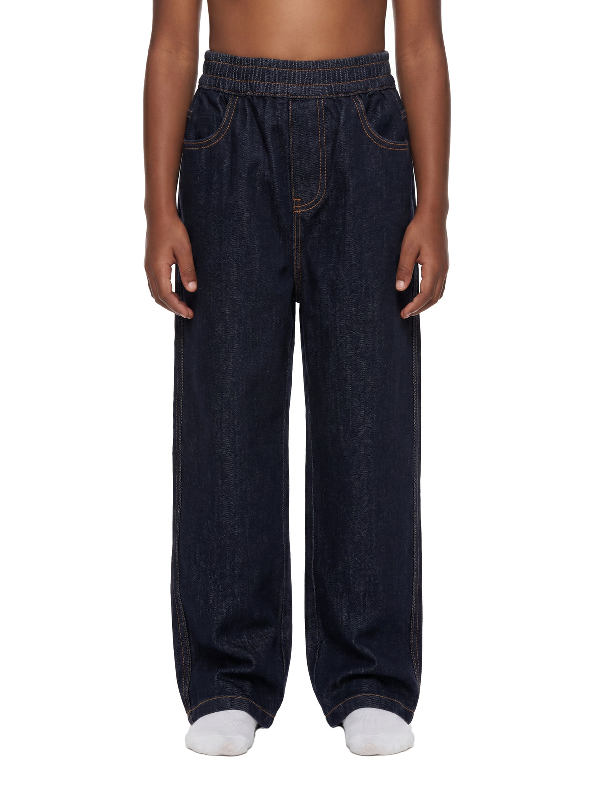 A child wearing dark indigo wide-leg denim pants with an elastic waistband, shown from the waist down against a plain white background.