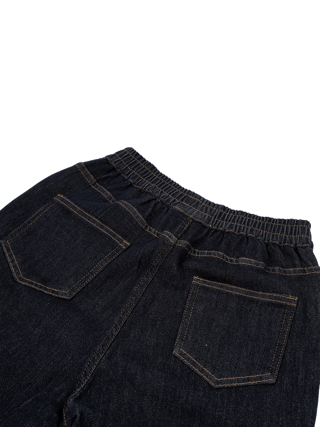 Close-up of the back waistband and pockets of dark indigo denim jeans, showing contrast stitching and an elasticized waist.