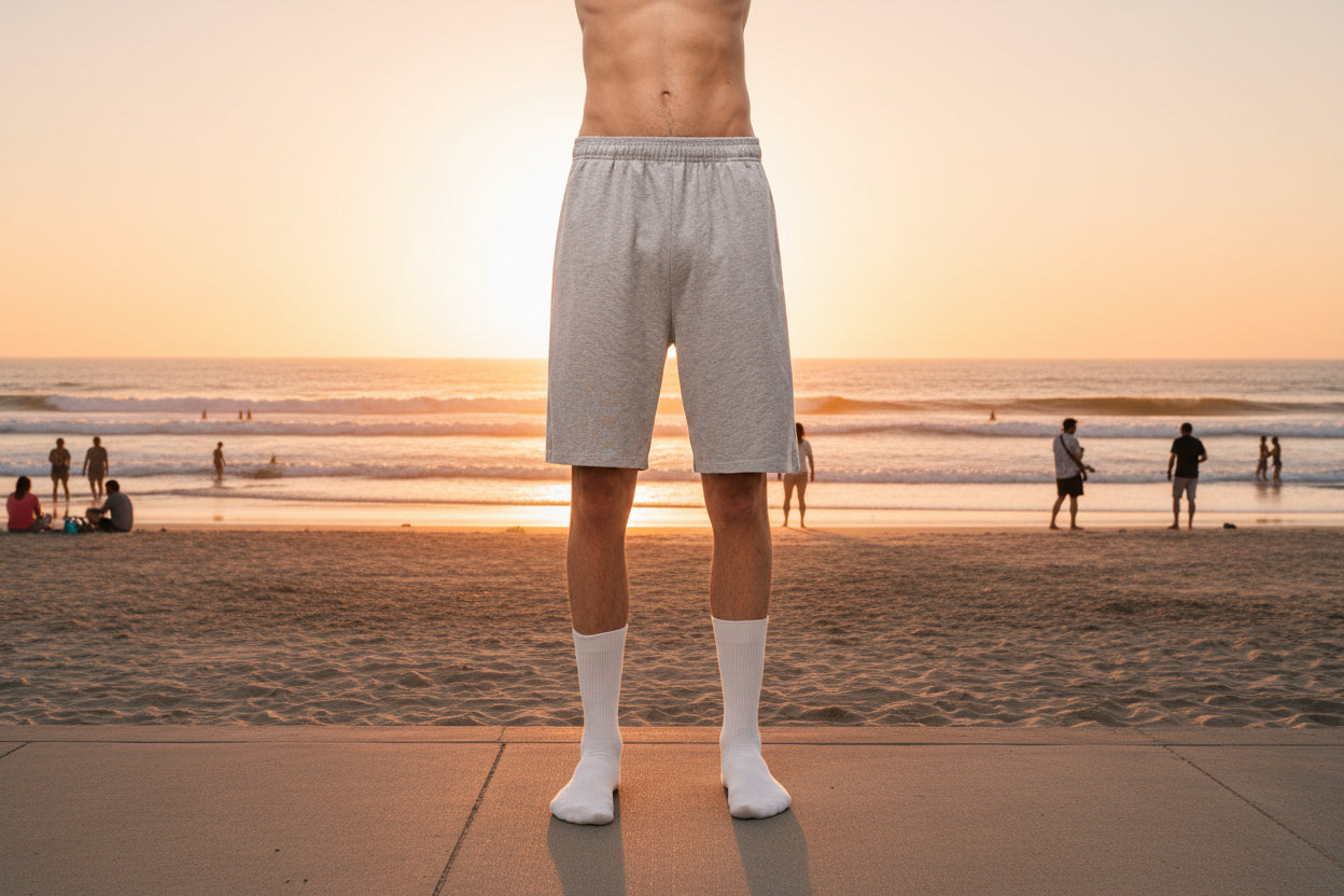 A male model wearing the grey, heavyweight cotton shorts, in socks, at the beach.