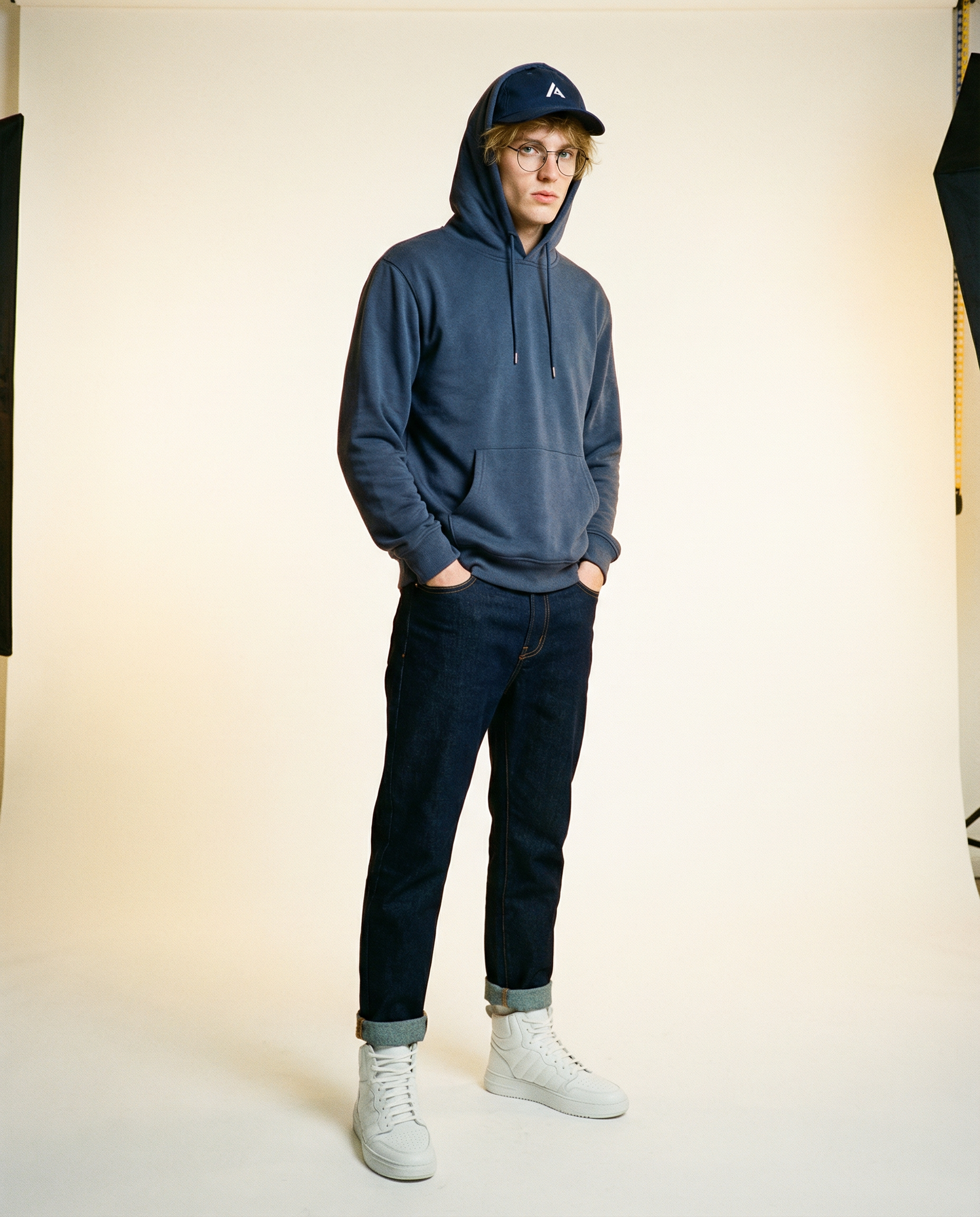 Male model wearing a blue distressed hoodie, cuffed, dark, straight-leg denim jeans, and Arborstep sneakers in the white studio.