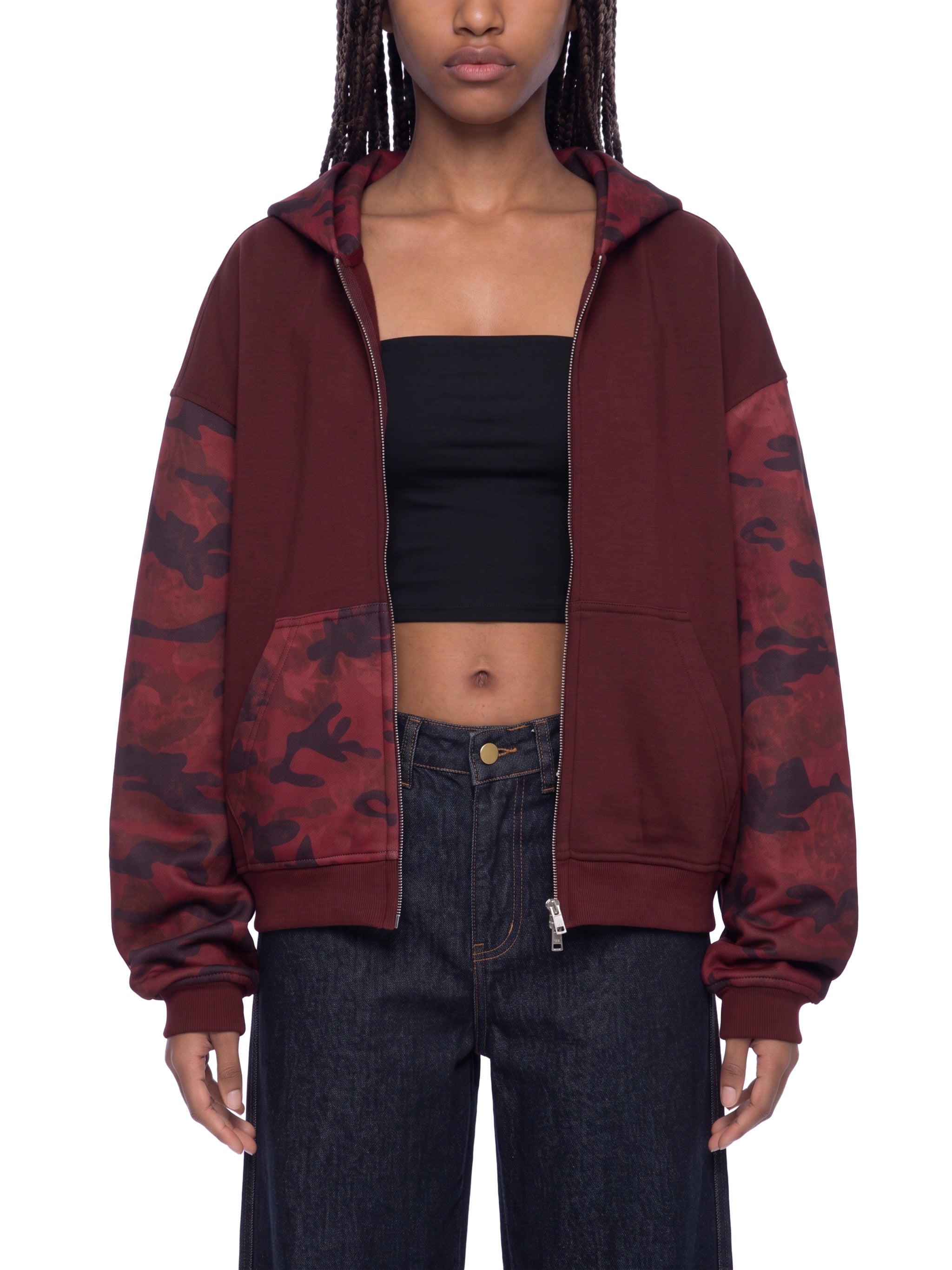 O | colourblock camo full zip boxy hoodie