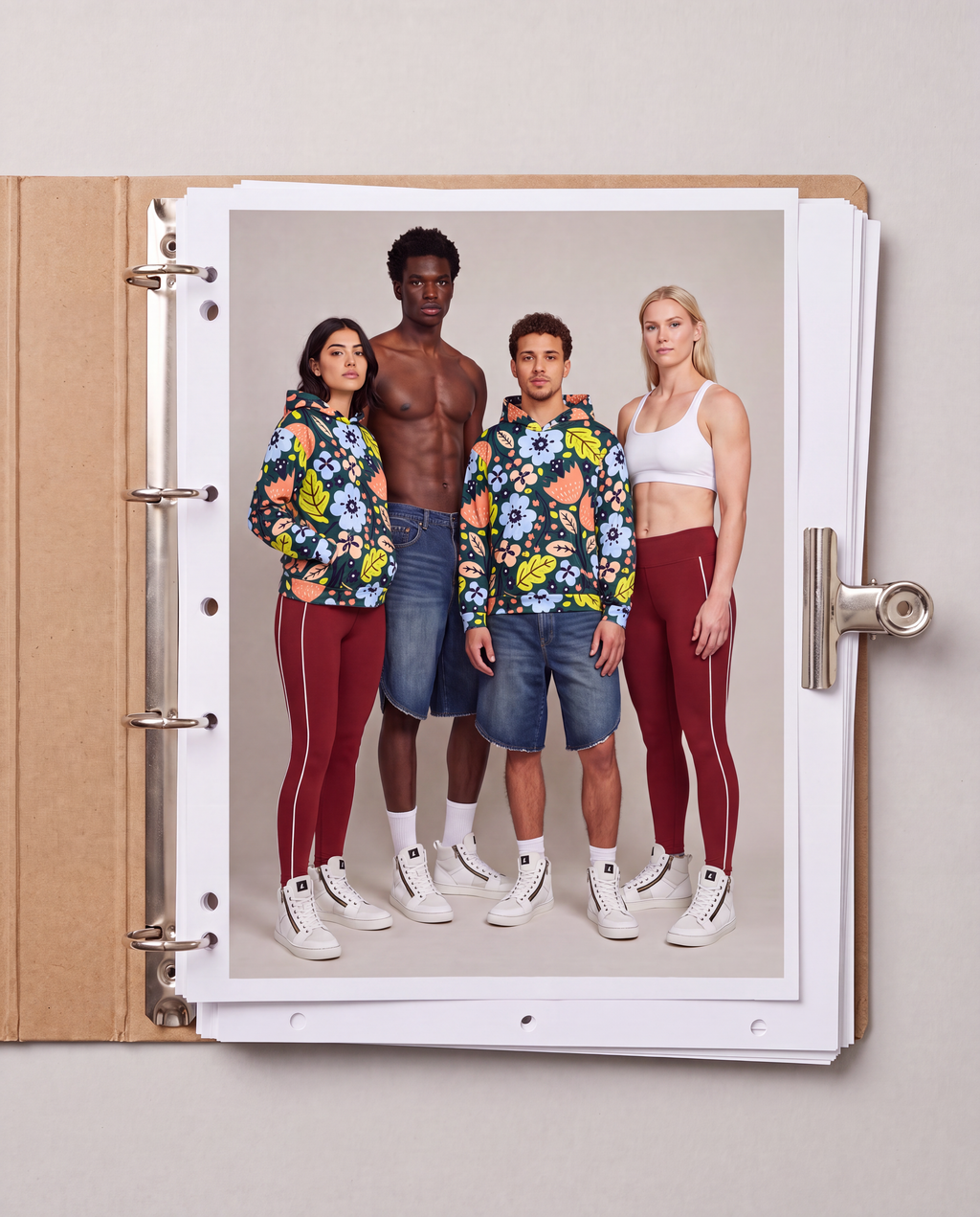 A binder page showing a group photo of four models wearing colorful floral hoodies and red leggings or shorts, displayed on a neutral background.