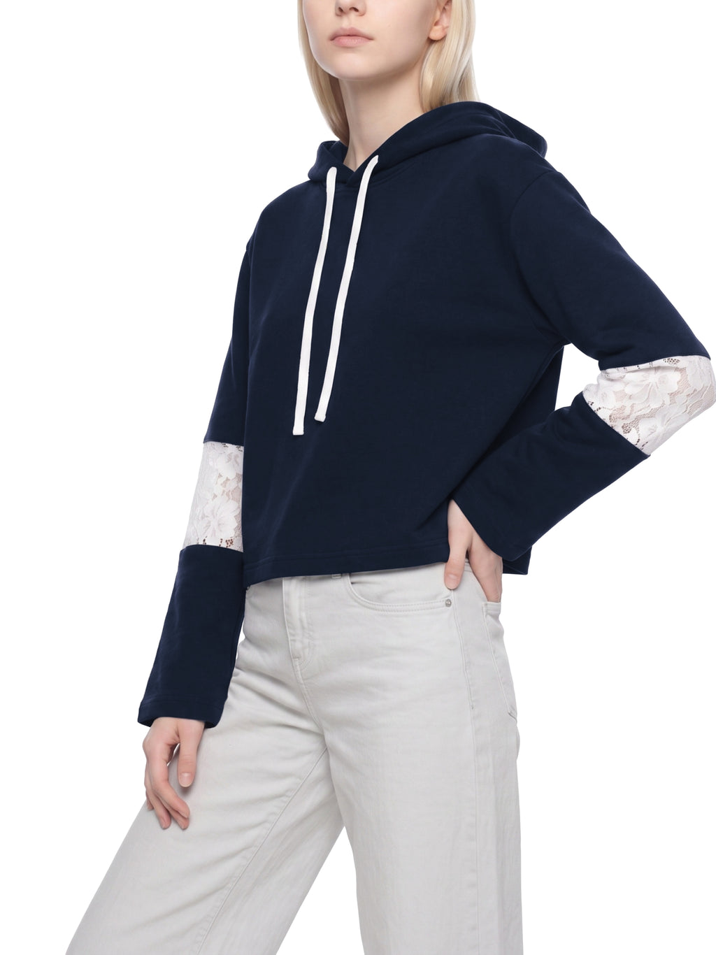W | cropped lace-panel hoodie