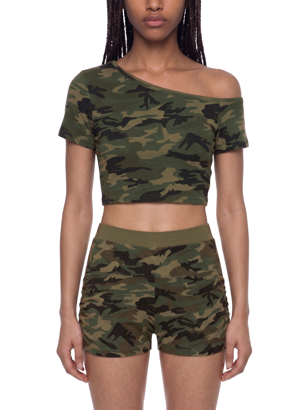 W | camo off-shoulder crop t-shirt