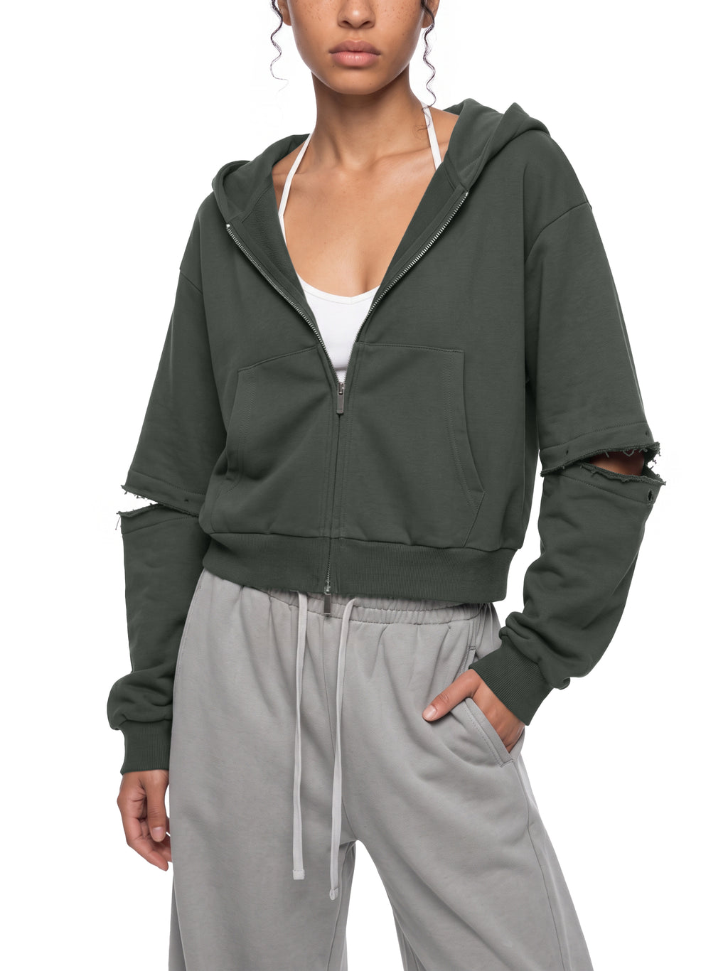 W | vintage wash detachable sleeves hoodie