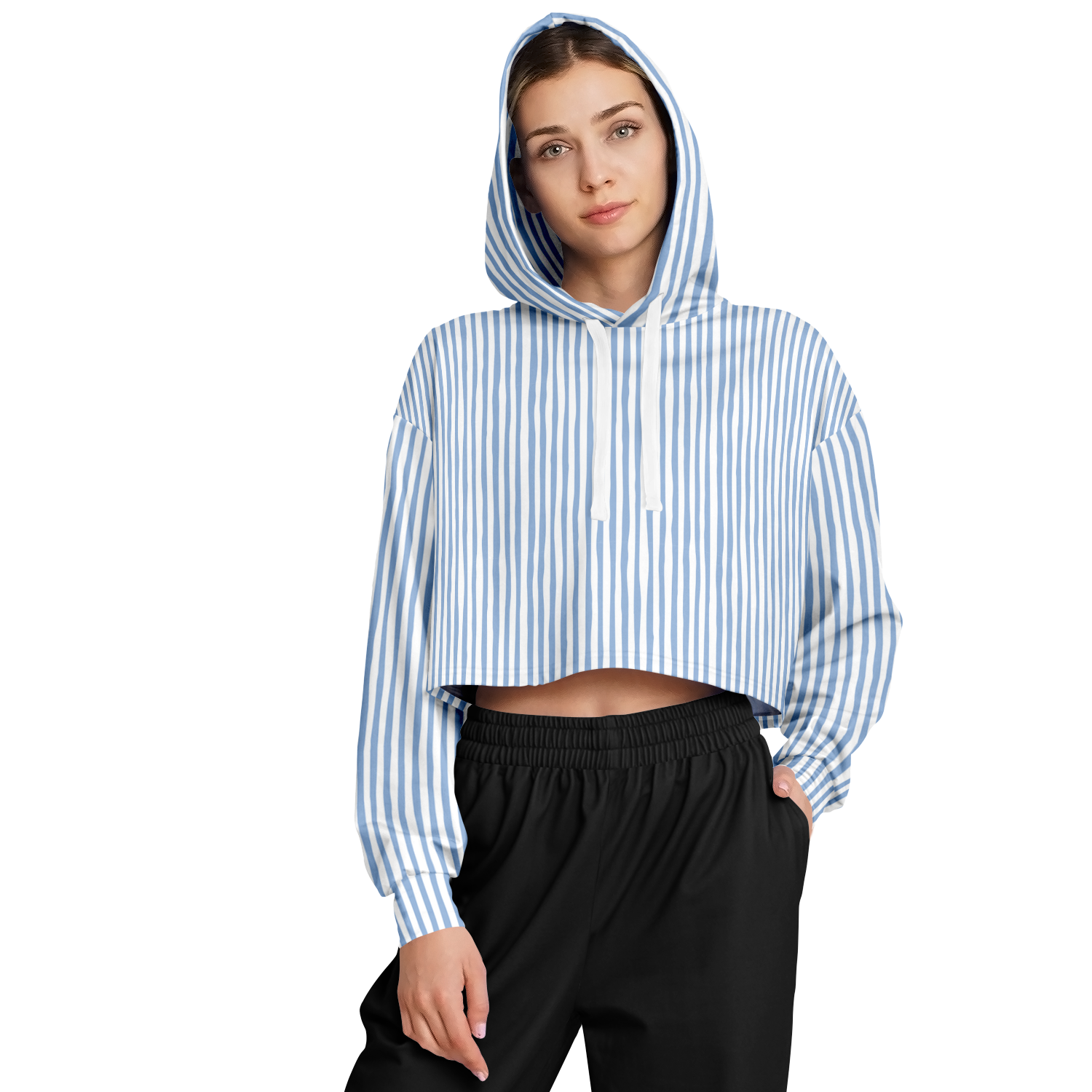 WOMEN'S SUMMIT CROPPED HOODIE | vertical blue and white lines pattern