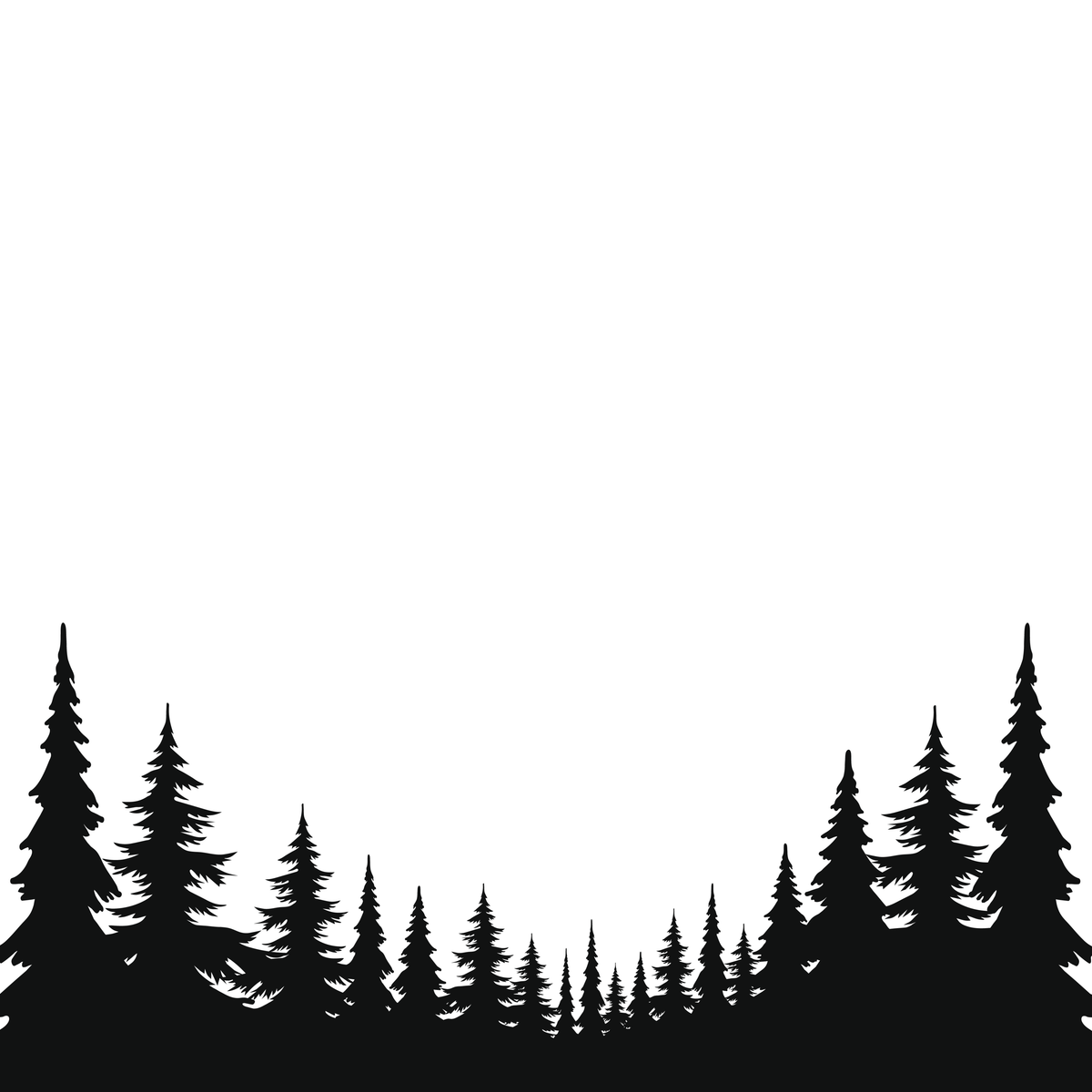 Black silhouette of a forest line of pine trees on a solid white background.