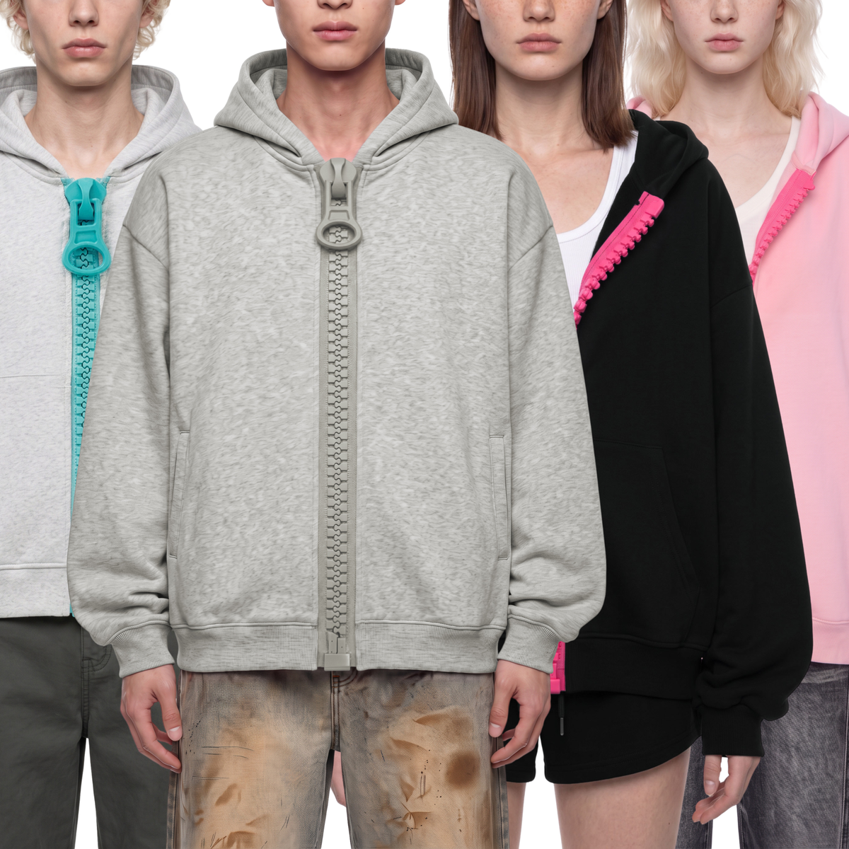 Four models wearing oversized zip-up hoodies in light gray, black, and pink, featuring distinctive zipper details and matching zippers on the hood and front, set against a plain white background.