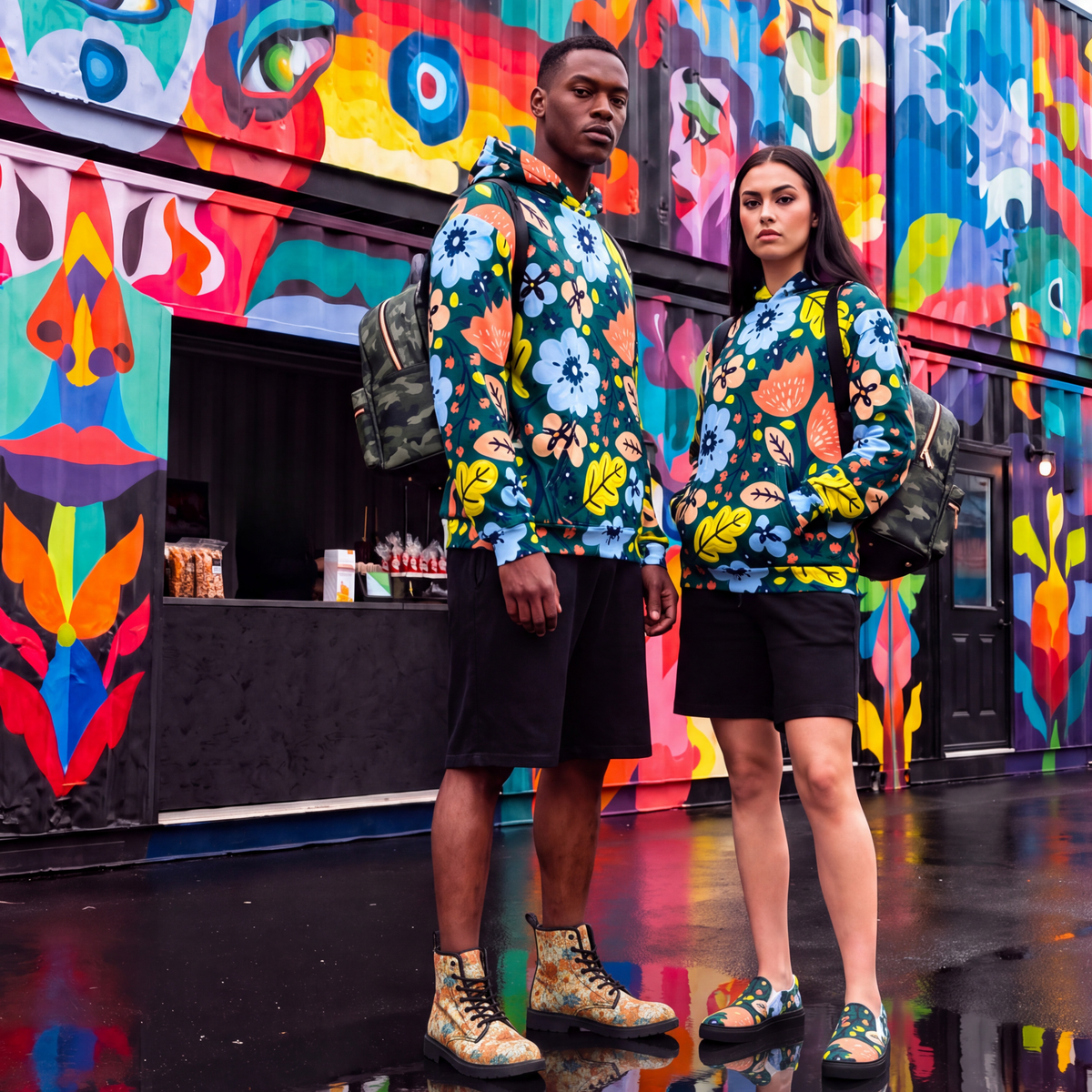 A man and a woman wearing matching colorful floral hoodies and black shorts stand in front of a vibrant graffiti wall. The hoodies feature a dark green base with orange, yellow, blue, and white abstract floral patterns.