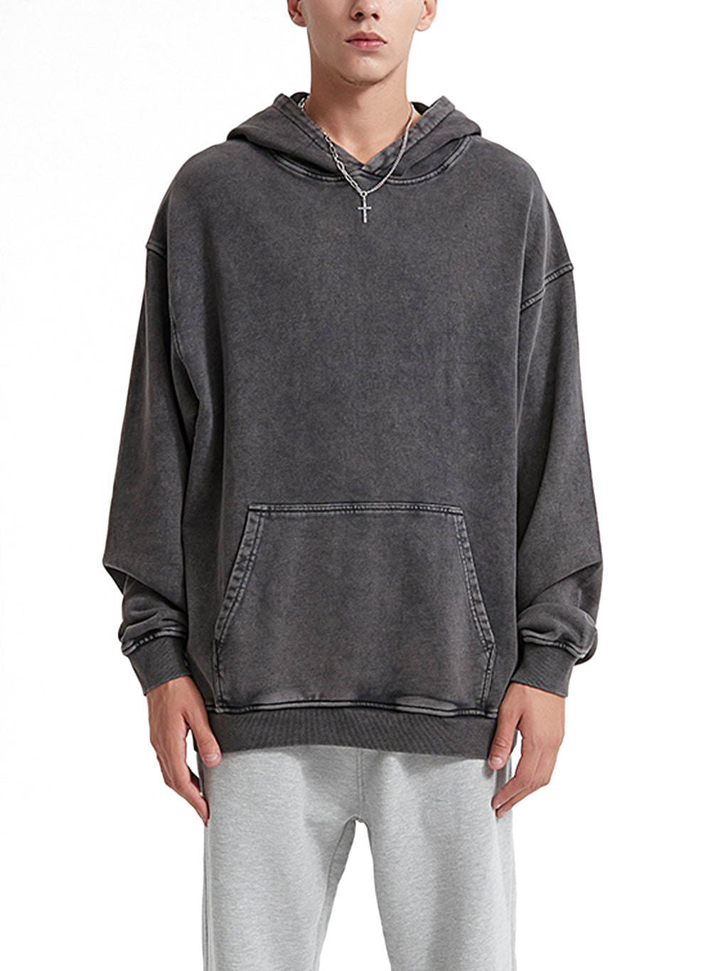 M | SNOW WASHED LOOSE COTTON HOODIE | no logo - Arcadia Apparel