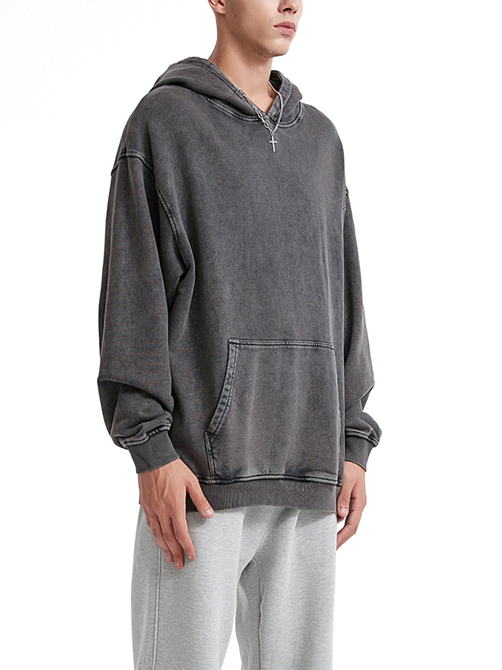 M | SNOW WASHED LOOSE COTTON HOODIE | no logo - Arcadia Apparel