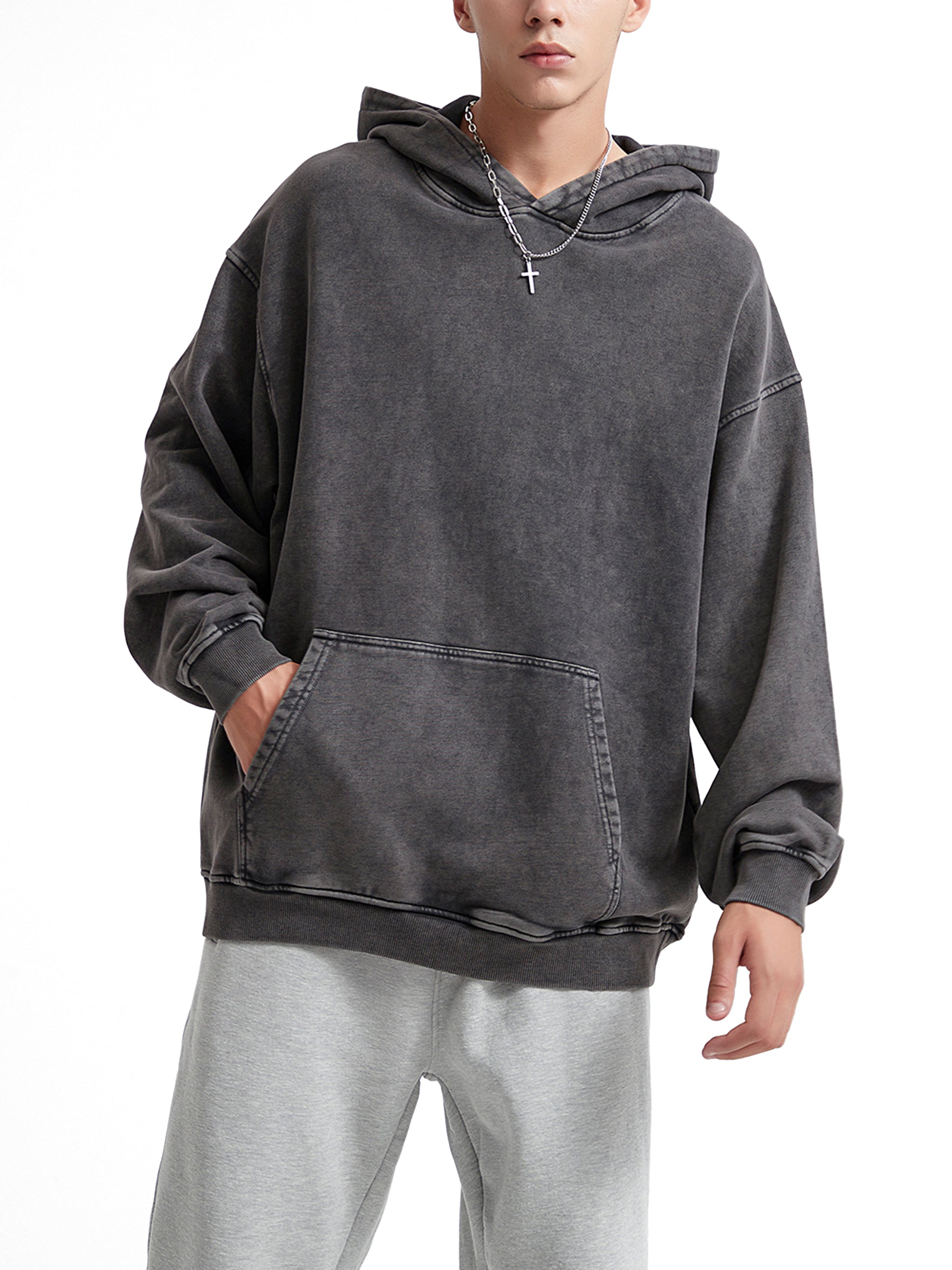 M | SNOW WASHED LOOSE COTTON HOODIE | no logo - Arcadia Apparel