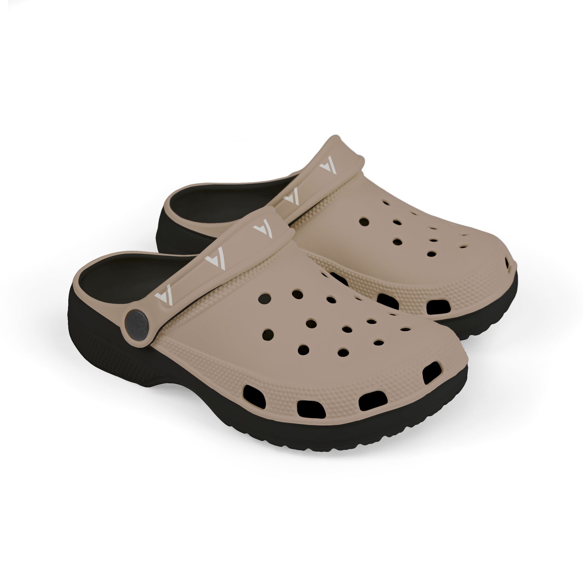 A pair of beige clog-style shoes with black soles and straps, featuring a repeating white 'V' logo on the strap, shown on a plain white background.