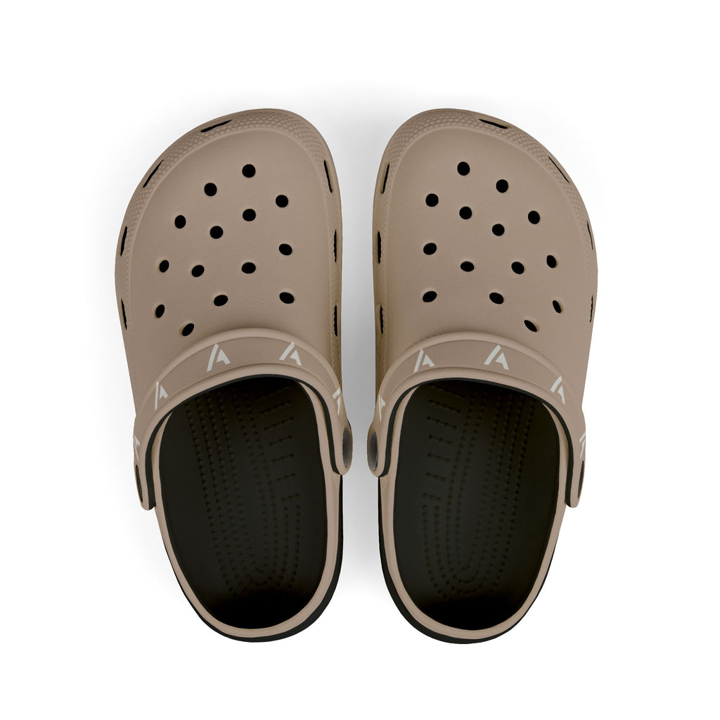 A pair of taupe-colored clog-style sandals with black footbeds, shown from a top-down view on a white background.