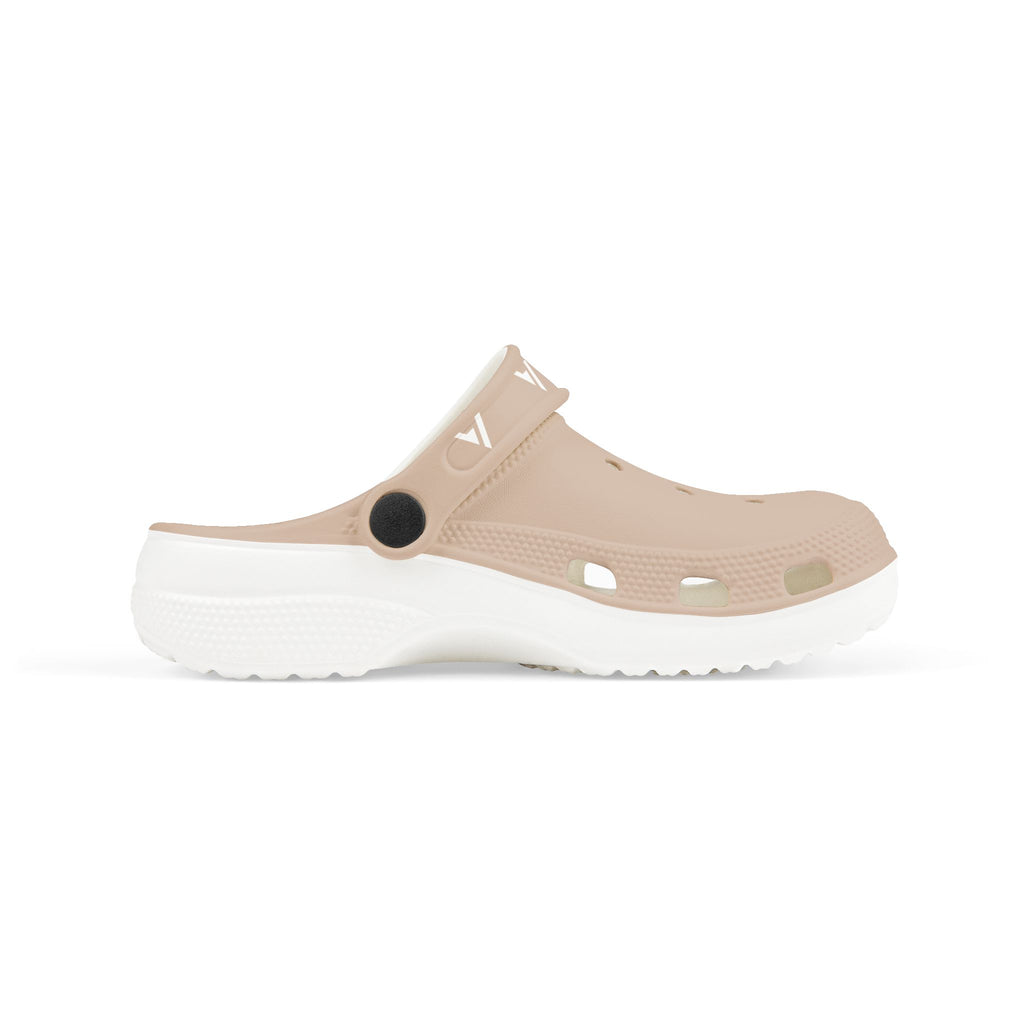A single light beige clog-style sandal with a thick white sole, shown in side profile against a plain white background.