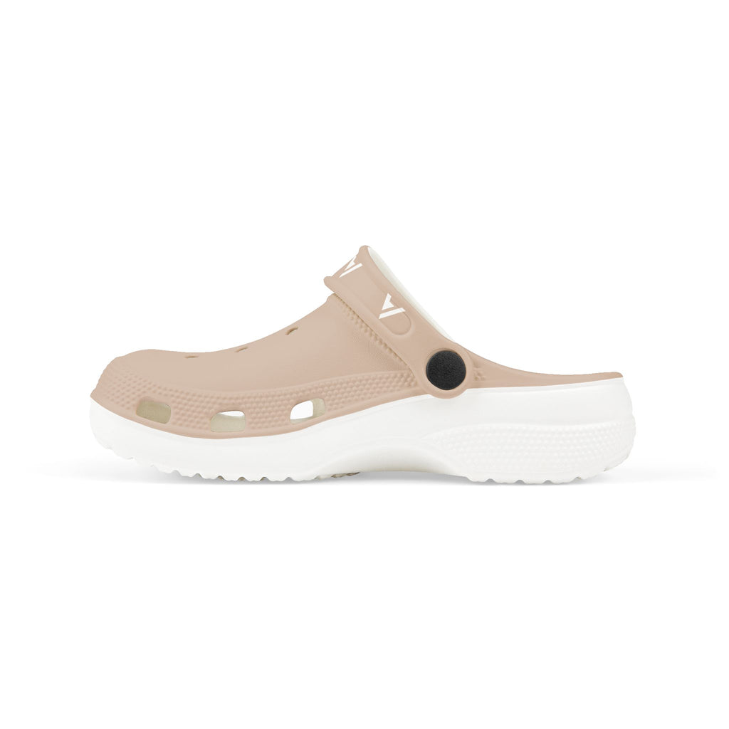 A single beige clog-style shoe with a thick white sole, shown in a side profile on a clean white background.