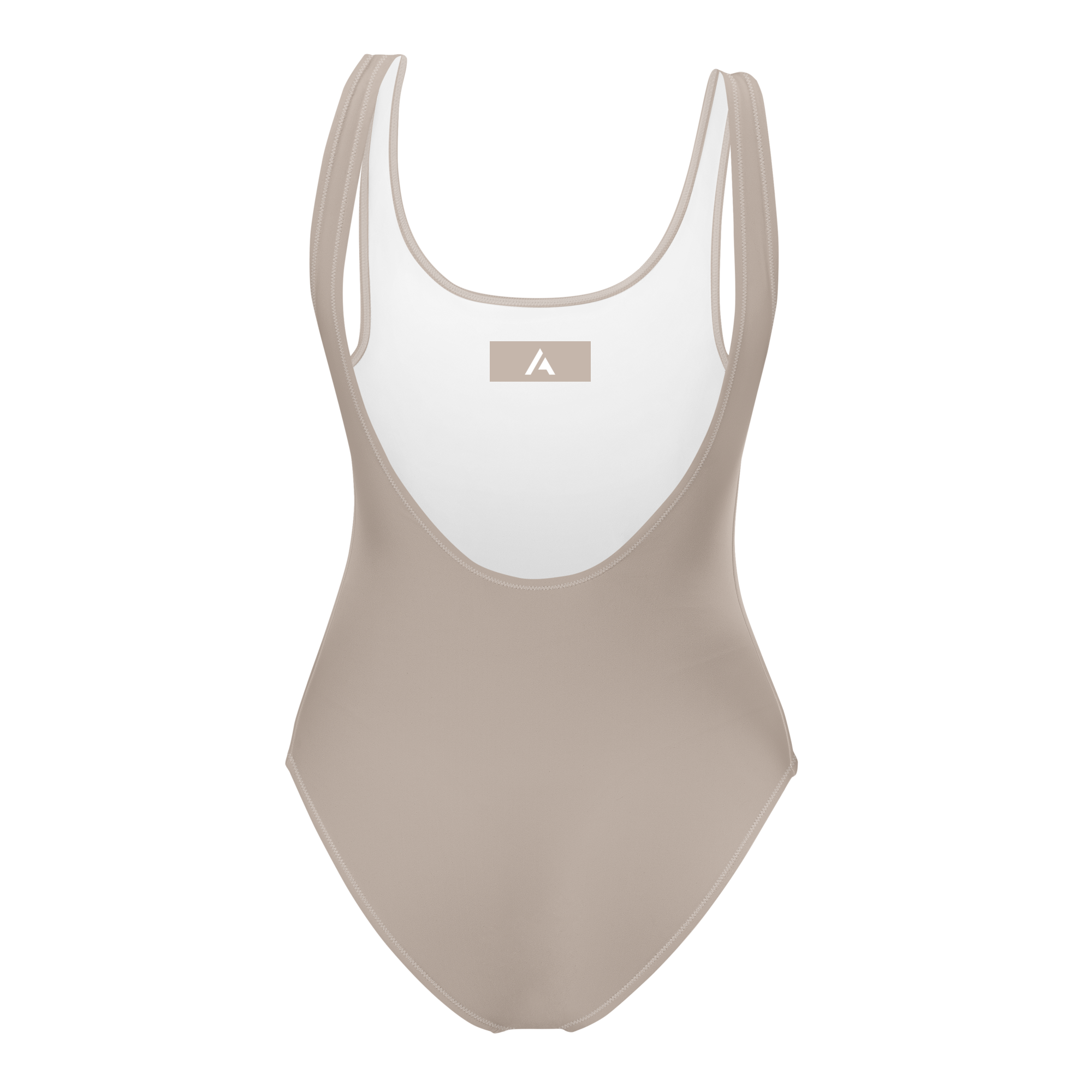 Beige swimsuit with white logo on a white background