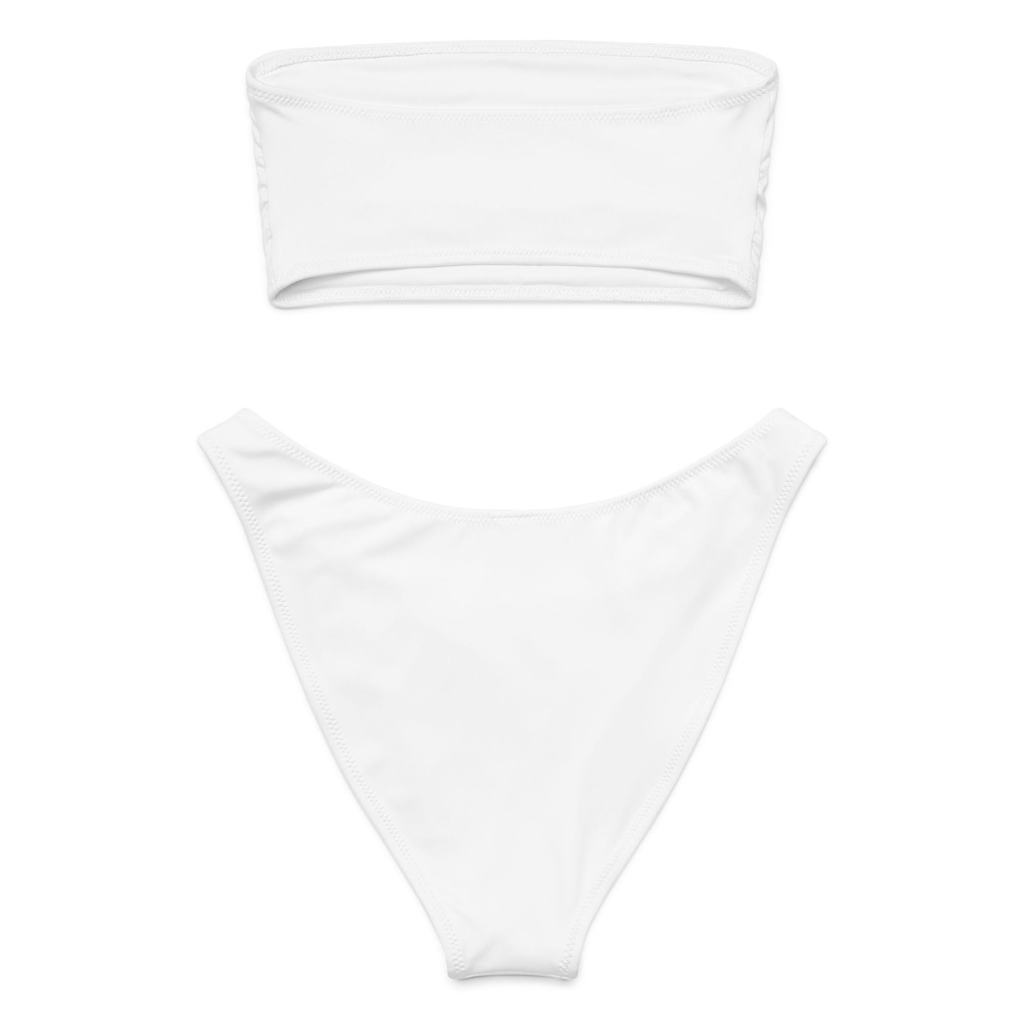 White bandeau top and high-waist bottom set on a white background