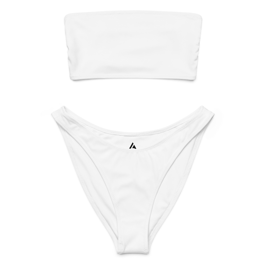 White bandeau top and high-waisted bikini bottom set