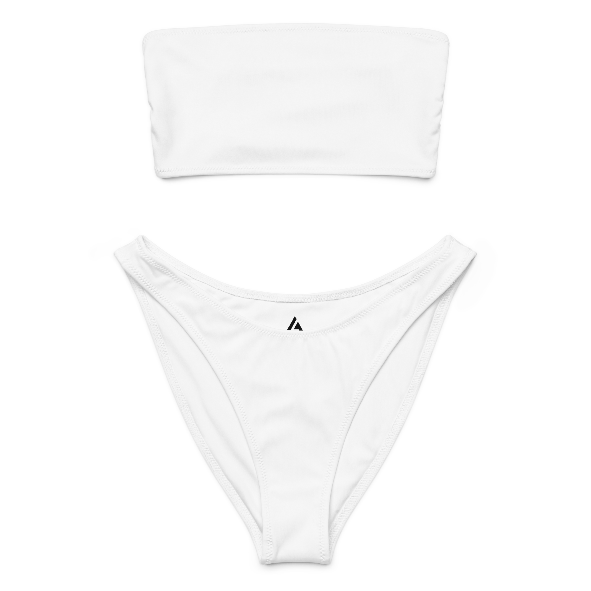 White bandeau top and high-waisted bikini bottom set