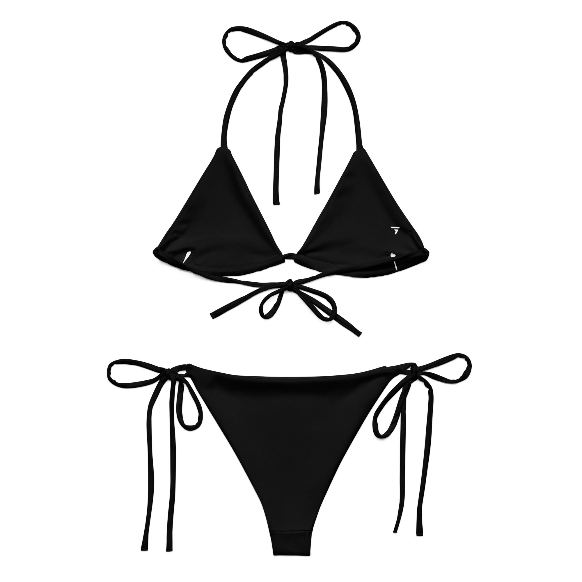 Black bikini set with string details on a white background