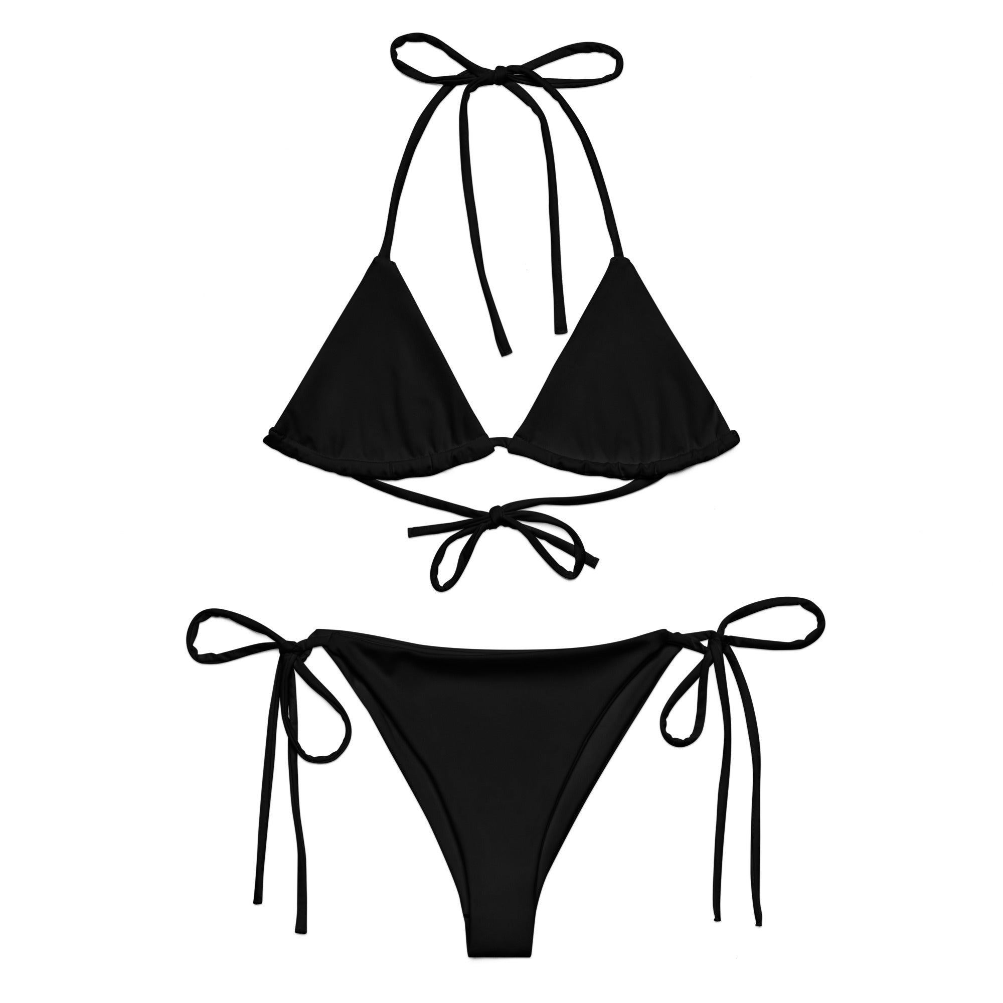 Black bikini set with string details on a white background