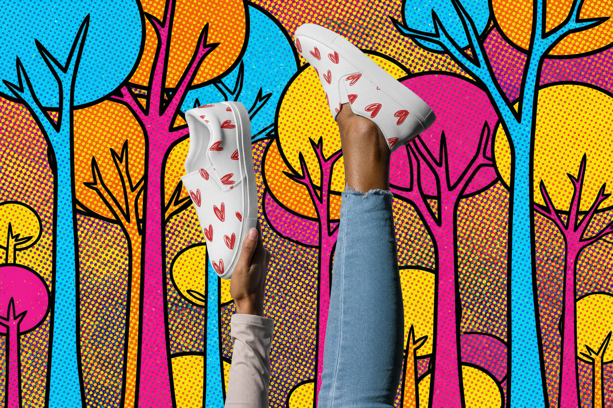 White sneakers with red heart patterns worn by a person against a colorful abstract background with trees.